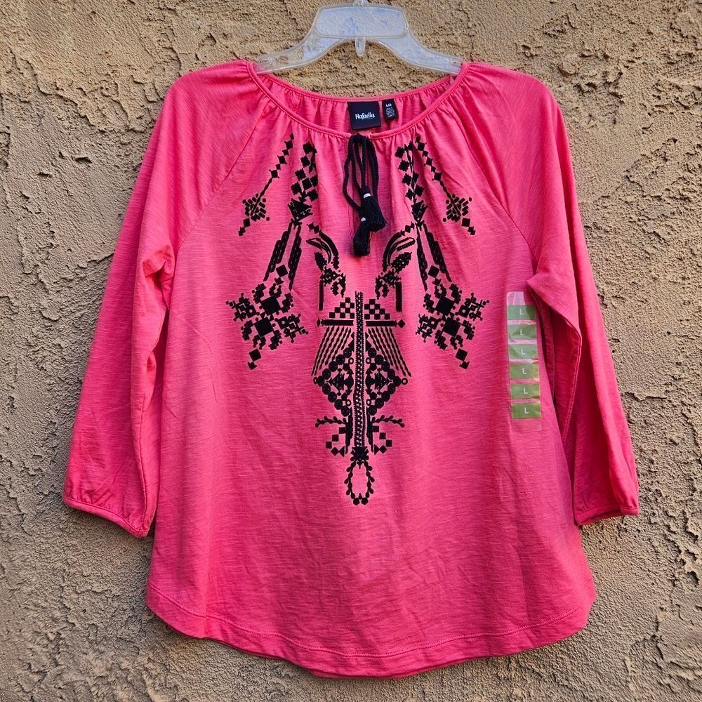 Rafaella Coral and Black 3/4 Sleeve Boho Top